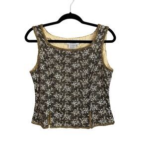Vintage Adrianna Papell Tank Top Womens 10 Gold Silk Floral Embroidered Beaded